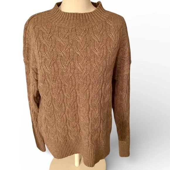 HAVEN WELL WITHIN ORGANIC COTTON CABLE KNIT SWEATER MOCK NECK BROWN SIZE SMALL - Picture 2 of 13